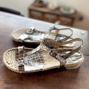 Stuart Weitzman Silver Crocodile embossed metallic leather espadrille sandals